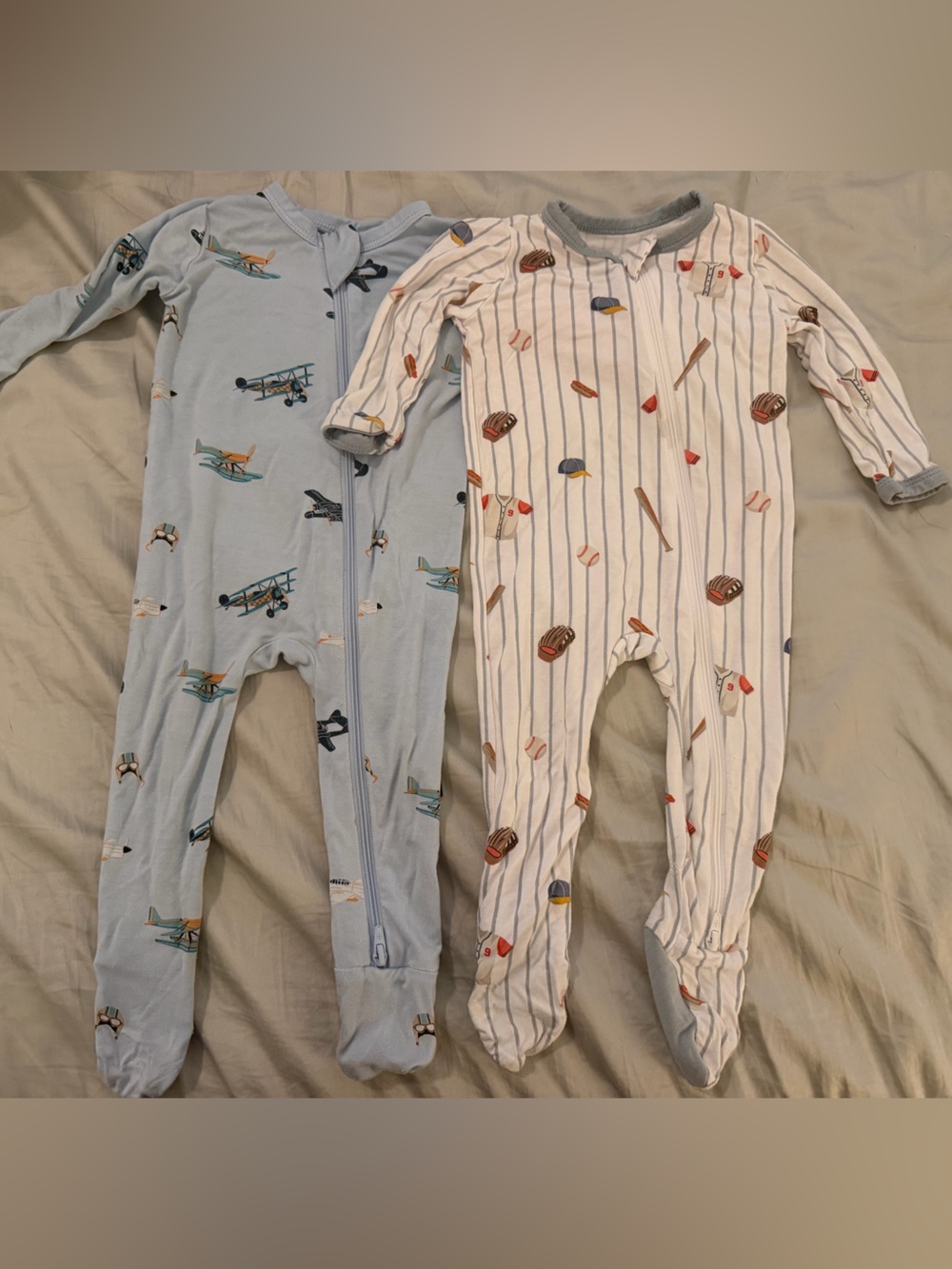 Lot of 2 Kyte Baby Bamboo Zippered Footies 3-6 Months Baby Boy Baseball Airplane